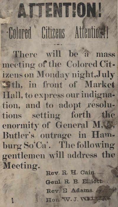 Newspaper calling for Black citizens to meet in response to the Hamburg Massacre.
