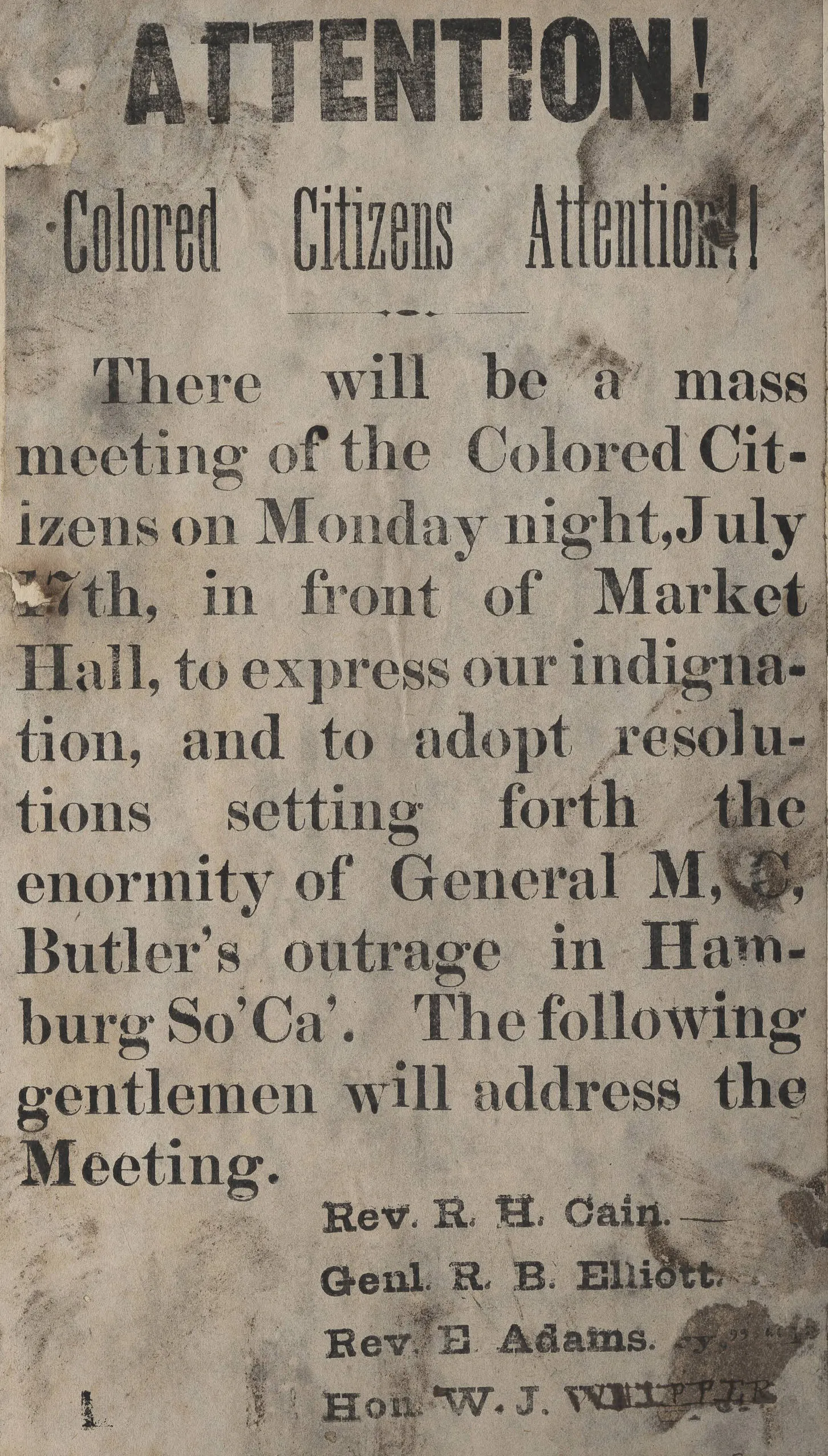 Newspaper calling for Black citizens to meet in response to the Hamburg Massacre.