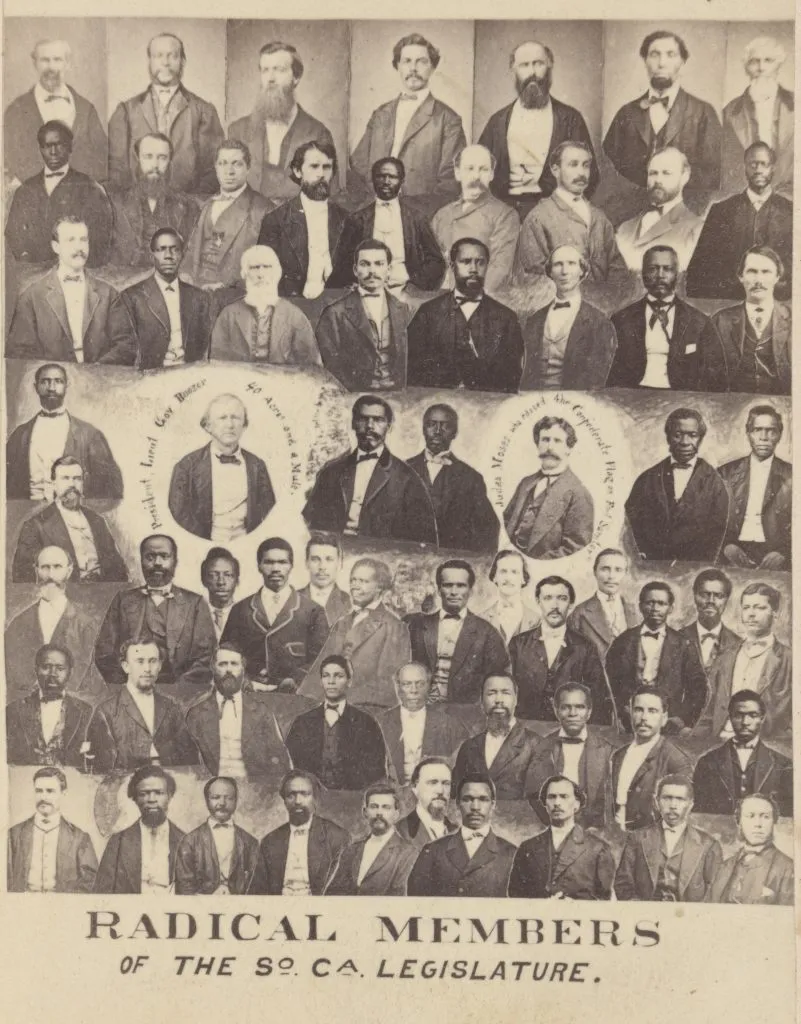 Composite of bust-style photographs of 64 members of the South Carolina legislature during the Reconstruction Era, 51 of whom are labeled as "colored" and 13 as "white." Two White legislators in the middle row have text surrounding them. One says "President Lieutenant Governor Boozer 40 Acres and a Mule." The other says "Judas Moses, who raised the Confederate flag on Fort Sumter." Text at the bottom reads "Radical Members of the So. Ca. Legislature."